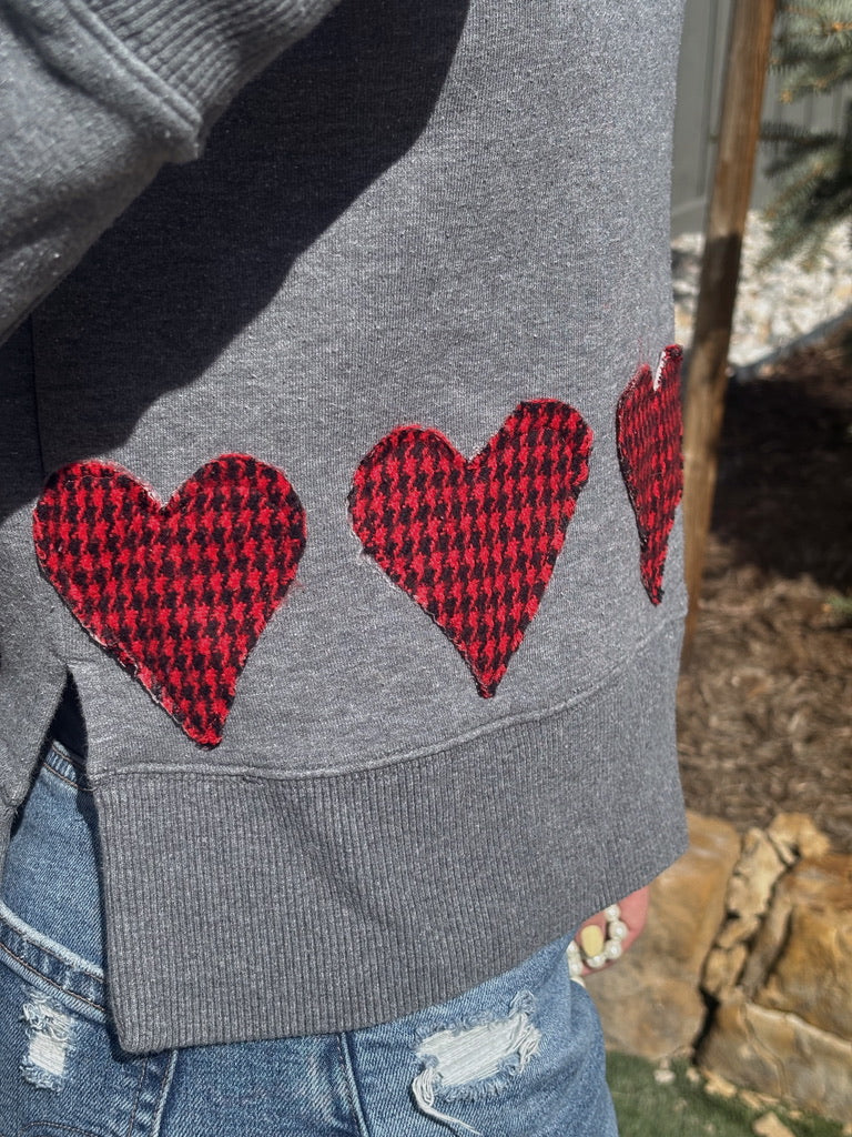 Grey and Red Plaid Heart Patch Sweater