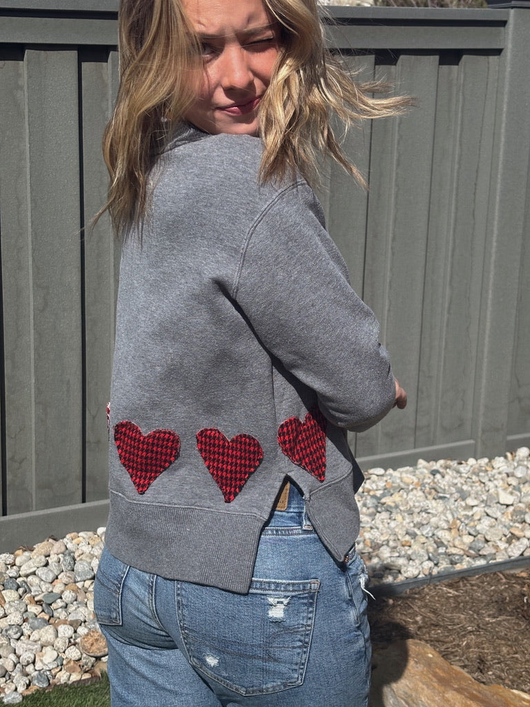 Grey and Red Plaid Heart Patch Sweater