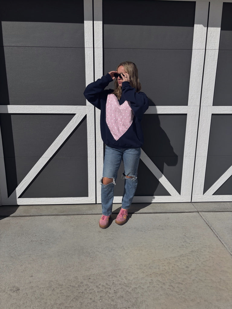 Navy and Pink Heart Patch Crewneck