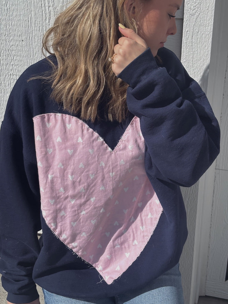 Navy and Pink Heart Patch Crewneck